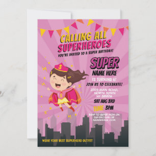 Superhjälte-inbjudan Rosa Girls Toppen Party Inbjudningar