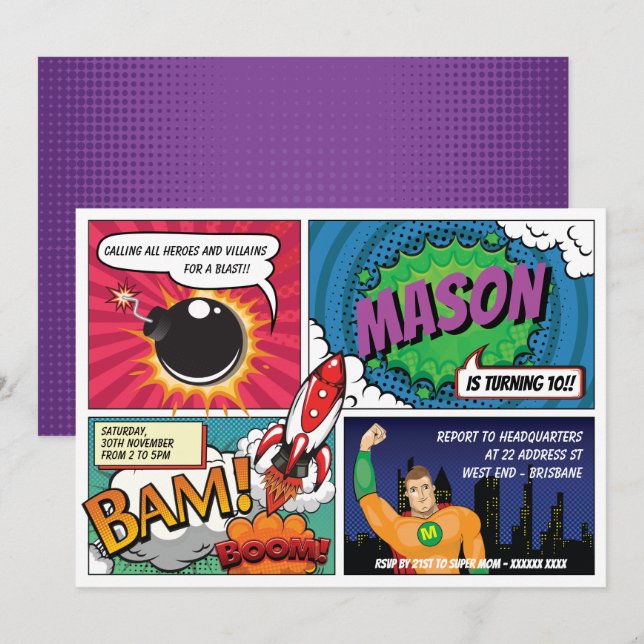 Superhjälte Inbjudningar (Fram/baksida)