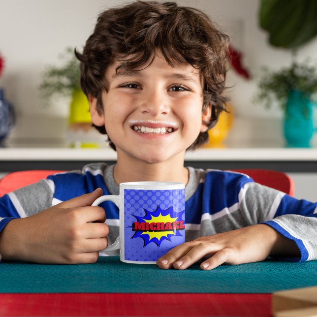 Superhjälte Kids Tecknad Bok Personlig Namn Kaffemugg (Skapare uppladdad)