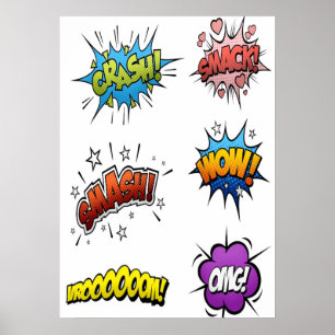 Superhjälte och toppen villain onomatopoeia poster