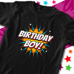 Superhjälte Party Tecknad Bok Hero Birthday Boy T Shirt<br><div class="desc">Den här coola tecknaden är bok hjälte-födelsedagsdesignen perfekt för en superhjälte-födelsedagsfest. Underbar för pojkar i alla åldrar som kärlek tecknad bok superhjältar eller skurkar med supermakter! "Birthday Boy!" citerar grattis på födelsedagen i ett tecknad bok superhjälte-tema att toppen födelsedagspojken kommer att KÄRLEK!</div>