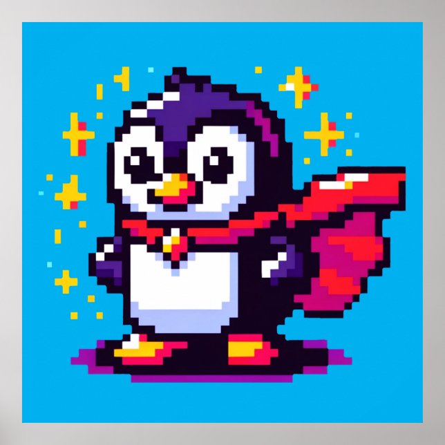 Superhjälte Penguin Cute Pixel Art-design Poster (Framsidan)