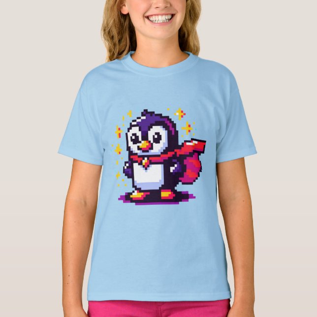 Superhjälte Penguin Cute Pixel Art-design T Shirt (Framsida)