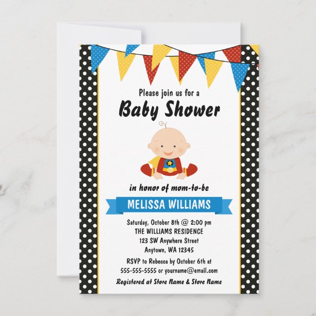 Superhjälte Polka Dot Bunting Baby Shower Inbjudningar (Framsida)