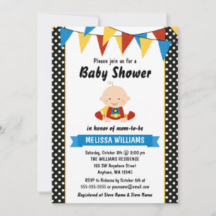 Superhjälte prickig flaggduk Baby Shower Inbjudningar