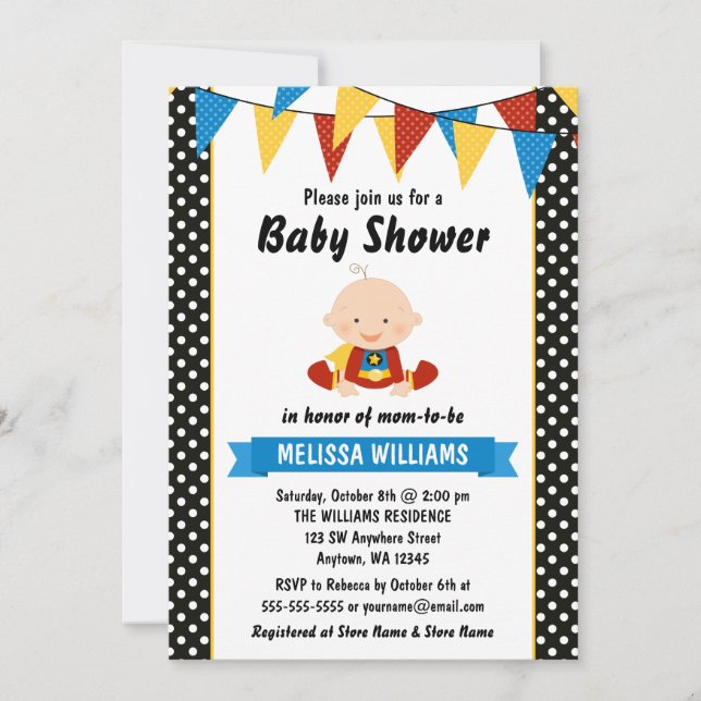 Superhjälte prickig flaggduk Baby Shower Inbjudningar (Framsida)