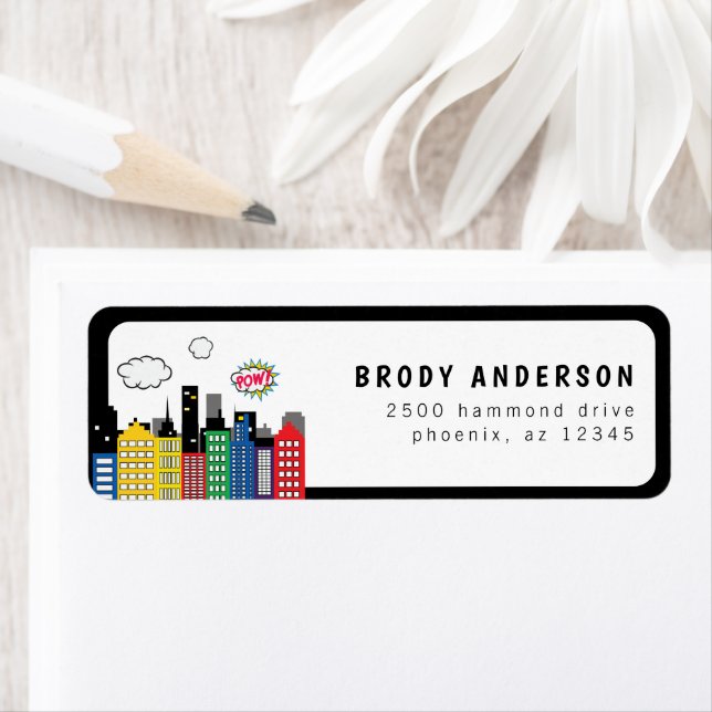 Superhjälte serietidningstema adress returadress etikett (Insitu)