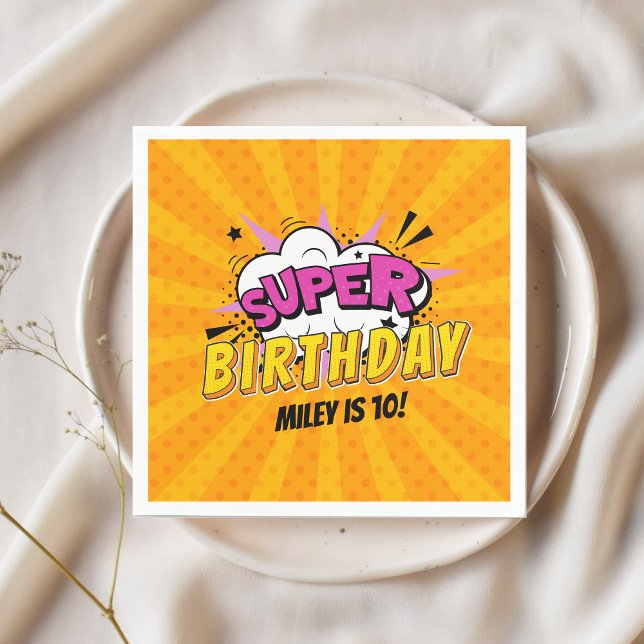 Superhjälte Tecknad Bok Girl Girl's Cute Birthday Pappersservett (Girl's superhero personalized birthday napkin)