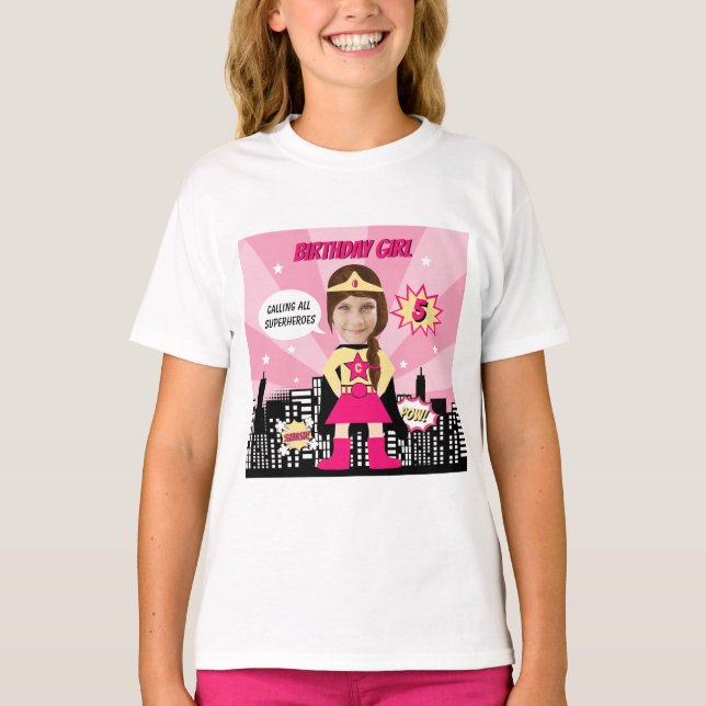 Superhjälte Tecknad Bok Stil Birthday Photo T Shirt (Framsida)