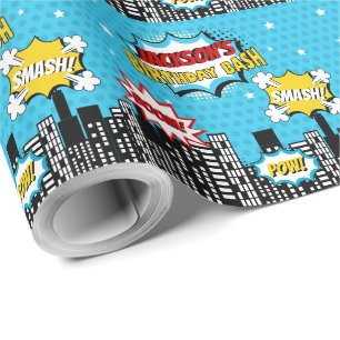 Superhjälte Tecknad Bok Stil Boy Birthday Blue Presentpapper