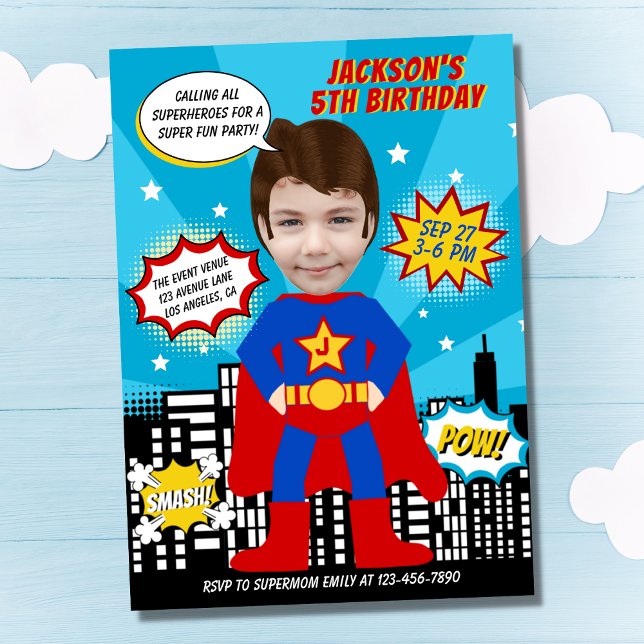 Superhjälte Tecknad Bok Stil Boy Birthday Photo Inbjudningar (Skapare uppladdad)