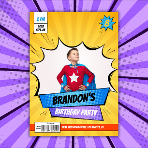 Superhjälte Tecknad Photo Gult Boy Birthday Inbjudningar