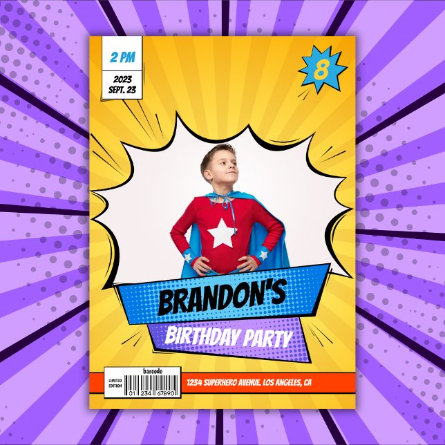 Superhjälte Tecknad Photo Gult Boy Birthday Inbjudningar (Superhero Comic Photo Yellow Boy Birthday Invitation Template)