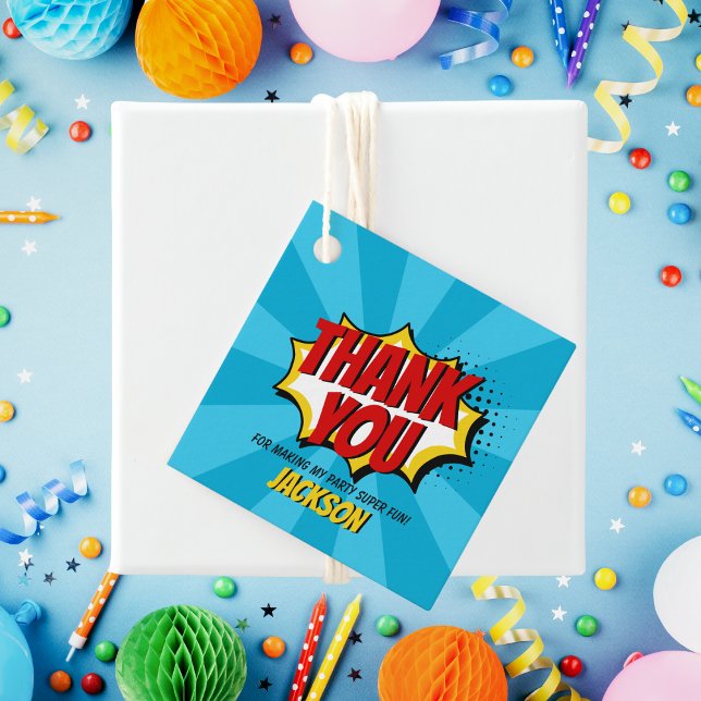 Superhjälte Tecknad Stil Boy Birthday Blue Gåvor Etiketter (Skapare uppladdad)