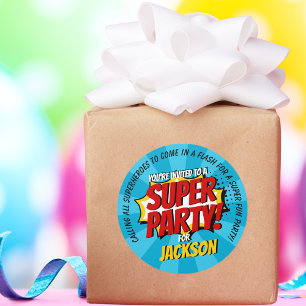 Superhjälte Tecknad Stil Boy Birthday Blue Runt Klistermärke