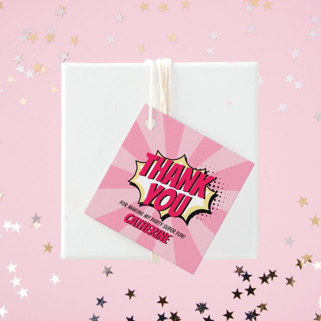 Superhjälte Tecknad Stil Girl Birthday Rosa Gåvor Etiketter (Skapare uppladdad)