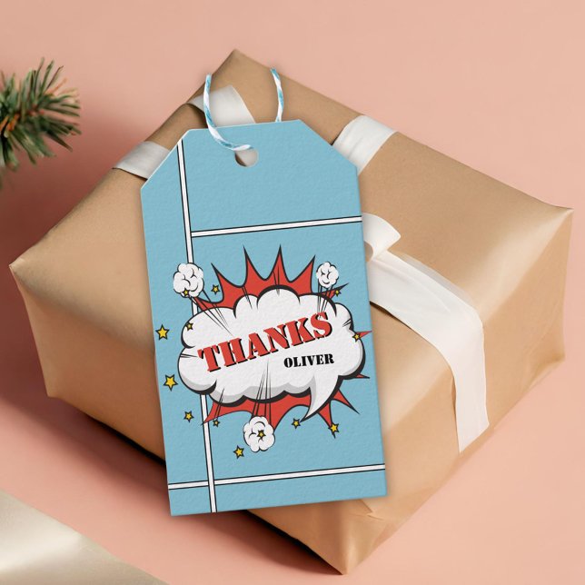 Superhjälte Tecknad Tal Bubble Birthday Tack Presentetikett (Skapare uppladdad)