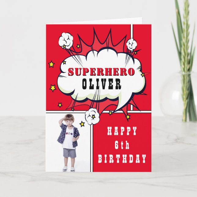 Superhjälte Tecknad Tal Bubble Boy Birthday Photo Kort (Framsida)
