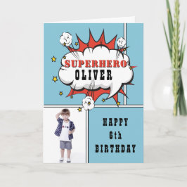 Superhjälte Tecknad Tal Bubble Boy Birthday Photo Kort