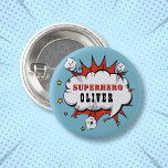 Superhjälte Tecknad Tal Bubble Boy Födelsedagsfest Knapp<br><div class="desc">Superhjälten Tecknad Tal Bubble Boy Birthday-knapp. Lägg till ditt namn. Roligtens toppen-hjälte-födelsedagsknapp för pojkar.</div>