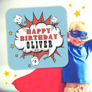 Superhjälte Tecknad Tal Bubble Boy Grattis på föde Fyrkantigt Klistermärke