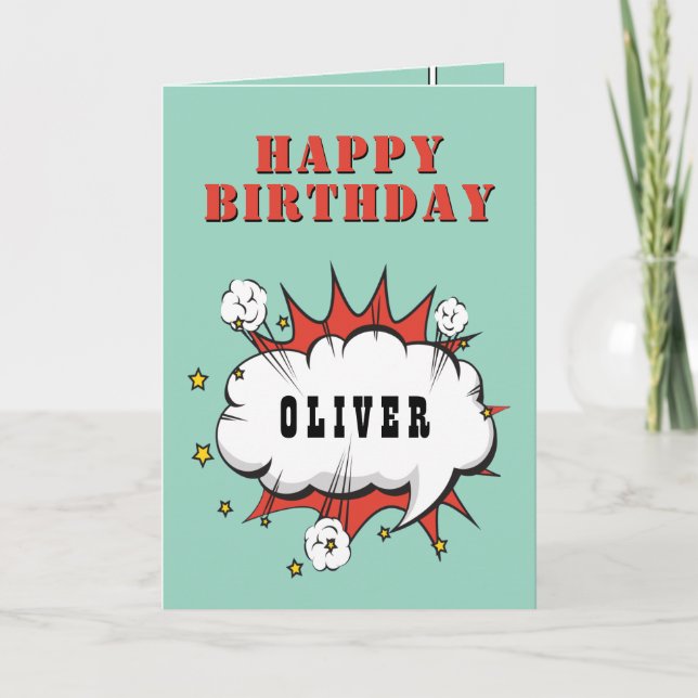 Superhjälte Tecknad Tal Bubble Boy Grattis på föde Kort (Framsida)
