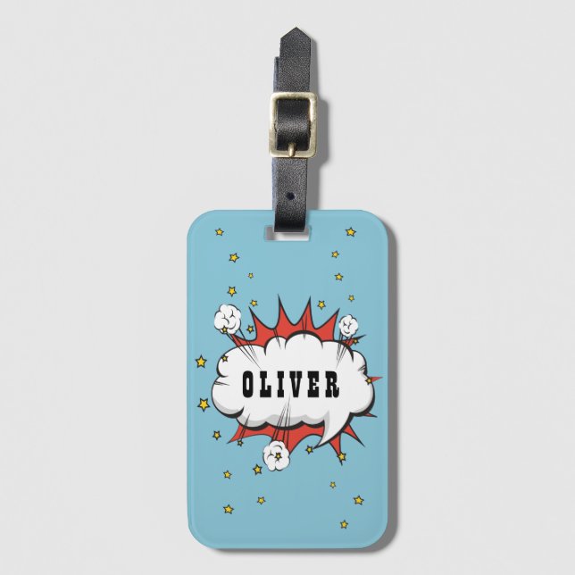 Superhjälte Tecknad Tal Bubble Boy Namn Bagagebricka (Framsida vertikal)