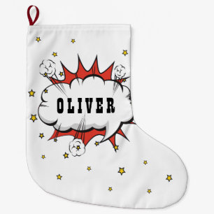 Superhjälte Tecknad Tal Bubble Boy Namn Large Chri Stor Julstrumpa