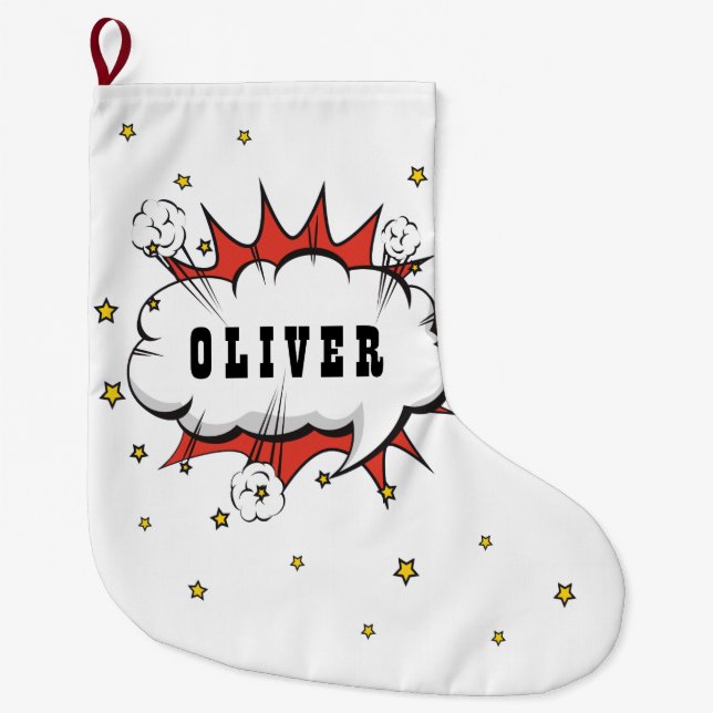 Superhjälte Tecknad Tal Bubble Boy Namn Large Chri Stor Julstrumpa (Framsidan)