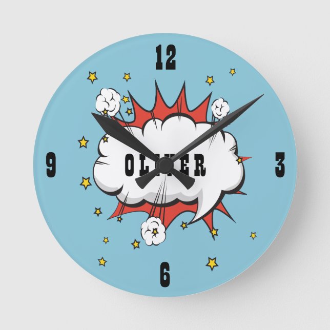 Superhjälte Tecknad Tal Bubble Boy Namn Rund Klocka (Framsida)