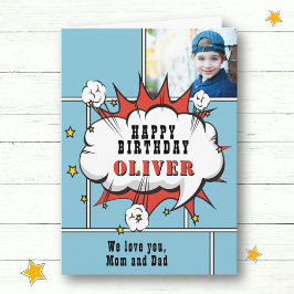 Superhjälte Tecknad Tal Bubble Boy Photo Birthday Kort