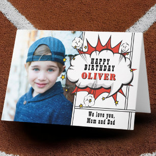 Superhjälte Tecknad Tal Bubble Boy Photo Birthday Kort