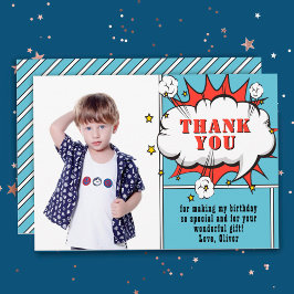 Superhjälte Tecknad Tal Bubble Boy Photo Birthday Tack Kort