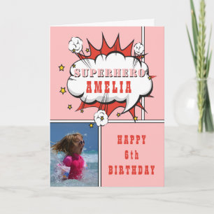 Superhjälte Tecknad Tal Bubble Girl Birthday Photo Kort