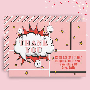 Superhjälte Tecknad Tal Bubble Rosa Girl Birthday Tack Kort