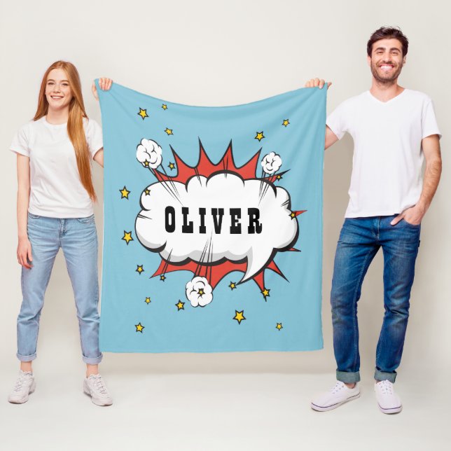 Superhjälte Tecknad Tal Cloud Boy Namn Fleecefilt (På plats)