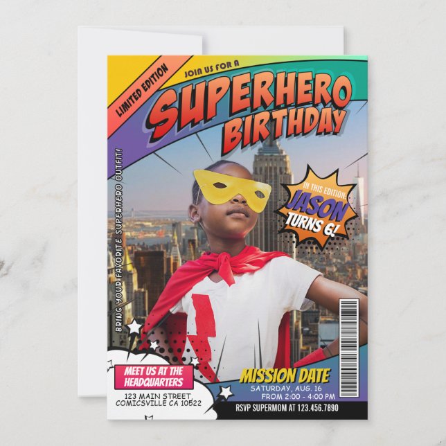 Superhjälte Tecknads Magazine Birthday-inbjudan Inbjudningar (Framsida)