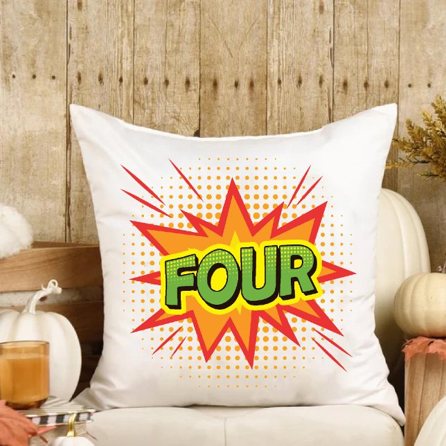 Superhjälte Text Kids 4e födelsedagen lilla solske Kudde (Superhero Text Kids 4th Birthday little sunshine Throw Pillow)