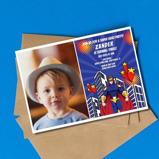 Superhjälte Theme Photo Boys 3:e födelsedagen Part Inbjudningar (Superhero Theme Photo Boys 3rd Birthday Party Invitation)