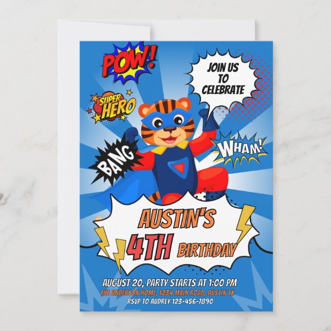 Superhjälte Tiger Födelsedagsfest Inbjudningar (Framsida)