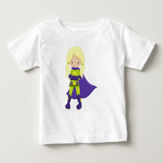 Superhjälteflicka, Blondt hår, Hjälte, Lila kappa T Shirt (Framsida)