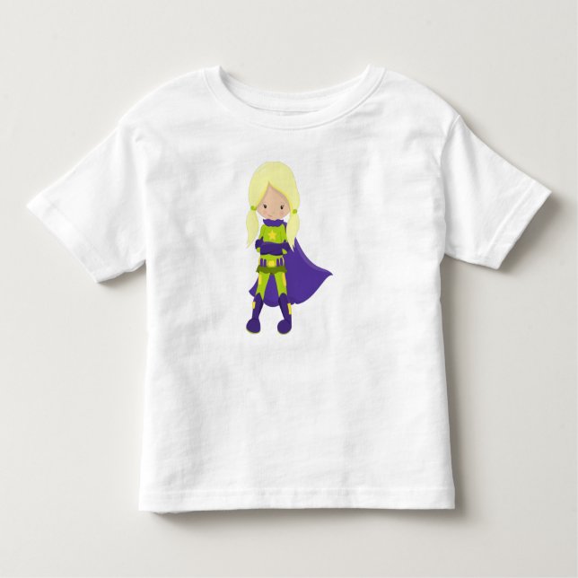 Superhjälteflicka, Blont hår, Hjälte, Lila kappa T Shirt (Framsida)