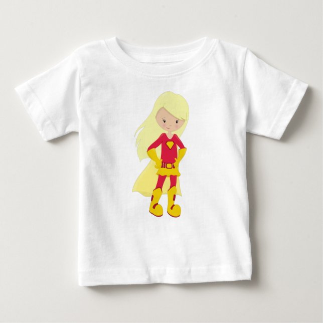 Superhjälteflicka, Blont hår, Hjälte, Röd kostym T Shirt (Framsida)