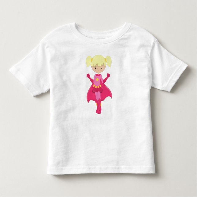 Superhjälteflicka, Blont hår, Rosa cape, Söt flick T Shirt (Framsida)
