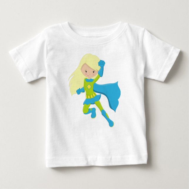 Superhjälteflicka, Söt flicka, Blondt hår, Blå kap T Shirt (Framsida)