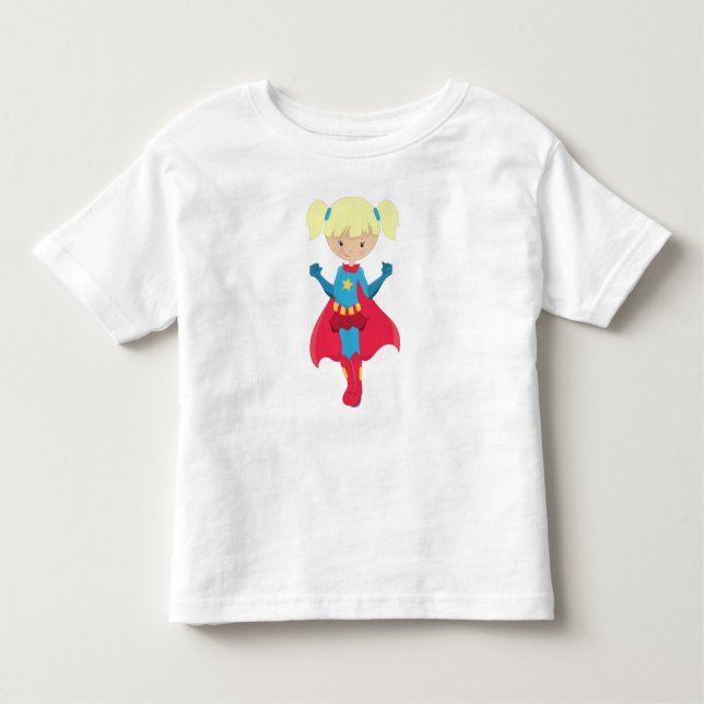 Superhjälteflicka, Söt flicka, Blondt hår, Röd kap T Shirt (Framsida)