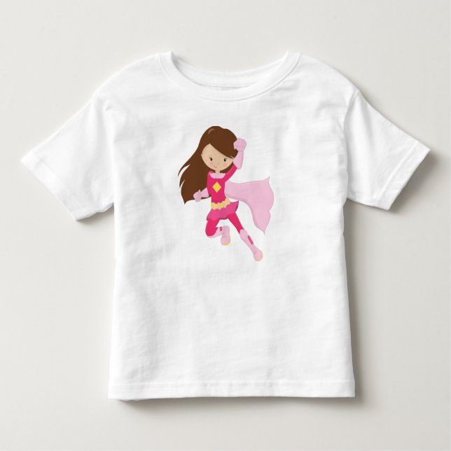 Superhjälteflicka, Söt flicka, Brun hår, Rosa cape T Shirt (Framsida)