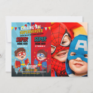 Superhjälten Birthday Brothers Blue Red Photo Boy Inbjudningar