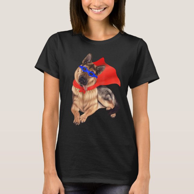 Superhjälten German Shepherd Hund in Mask and Cape T Shirt (Framsida)