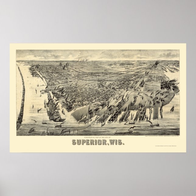Superior, WI Panoramic Karta - 1890 Poster (Framsidan)